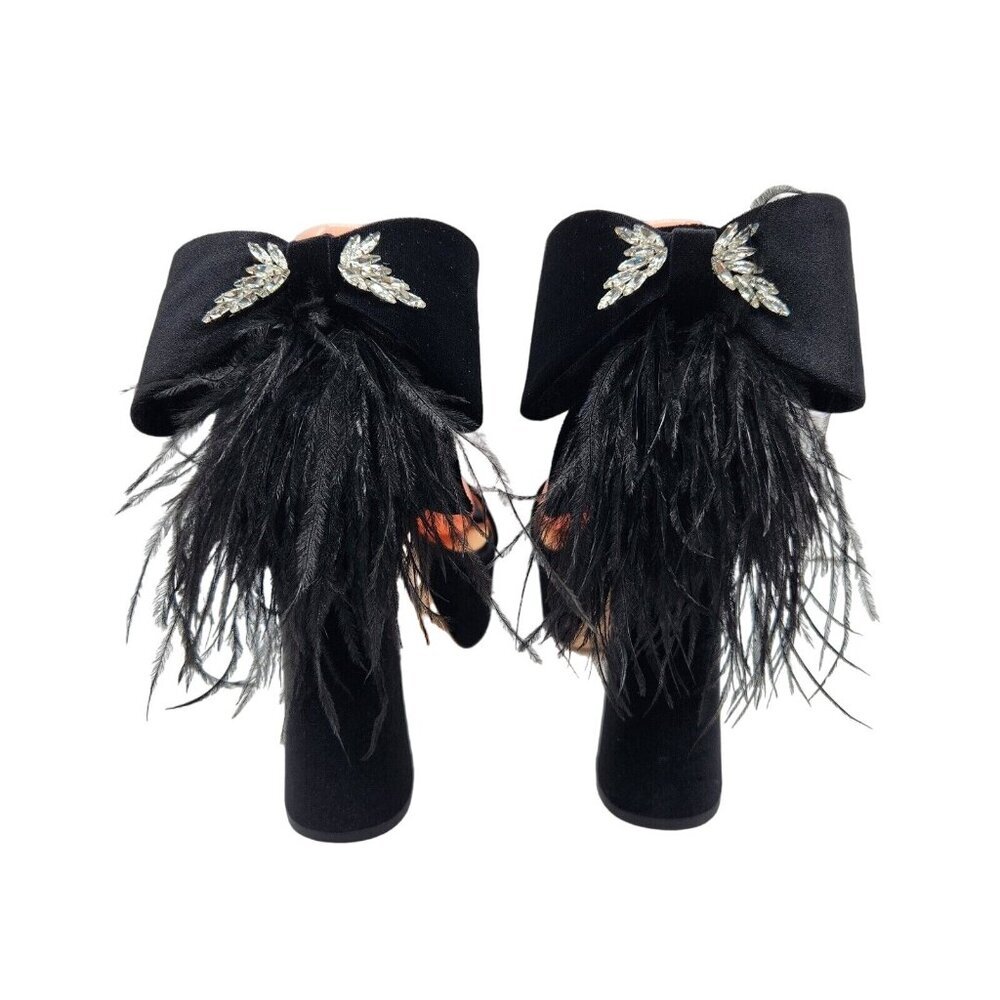 Antonio Melani Platform Sandals Size 7.5 Black Velvet feathers Rhinestone 663 - Picture 3 of 14